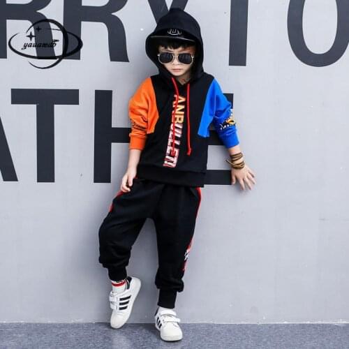Kids Clothing Set Spring Autumn Boys Sweatshirts+pant 2pcs Suits Hooded Pullover Patchwork Raglan Sleeve Childrens Clothes H63