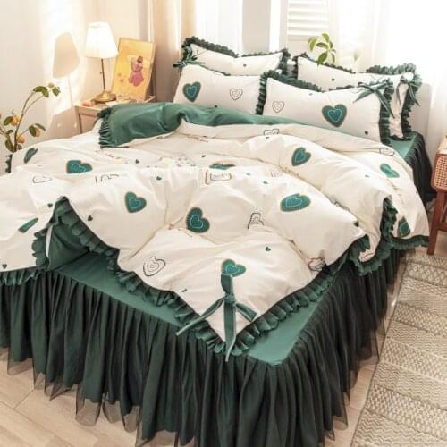 Lace Green Bedding Set Printed Bed Linen Cotton Plaid Duvet Cover Set Pink Queen/King Quilt Covers Sets Bedclothes Comforter Set