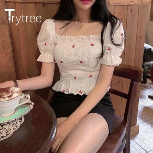 Trytree 2020 Summer Women Casual T-shirt Embroidery Polyester T-shirt 2 Color Fashion Puff Sleeve Elastic waist T-shirt Top