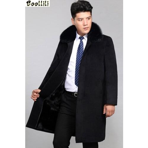 Boollili Mens Cashmere Coat Fox Fur Collar Mens Jackets Winter Long Overcoat Men Thick Wool Coat Jacket Man Abrigo Hombre