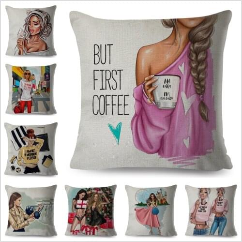 BUT FIRST COFFEE Super Sexy Cartoon Girl Pillow Case Linen 45*45cm Decor Cartoon Girl Cushion Cover for Car Sofa Home Pillowcase