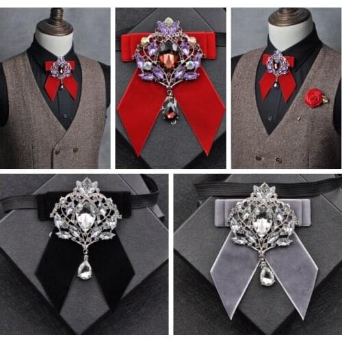 New Free Shipping casual Mens male man Mens groom wedding rhinestone dress velvet collar bow tie Pocket towel brooch 3 pcs set