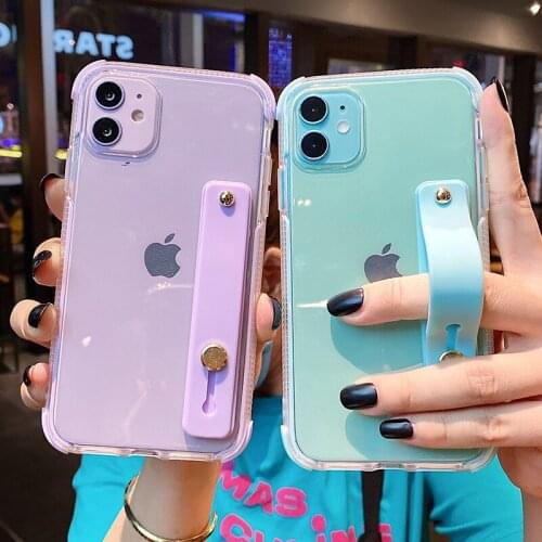 Solid Color Wrist Strap Phone Case For iPhone 12 Pro Max 11 XR X XS Max 7 8 Plus Soft Silicone Wristband Holder Clear Back Cover