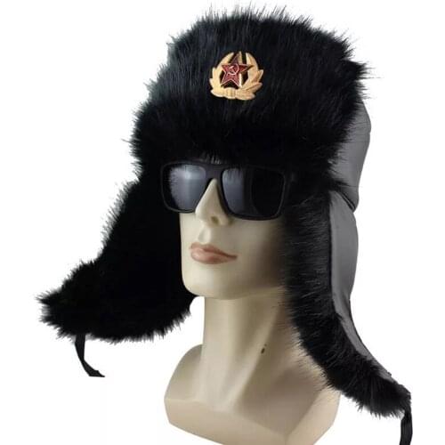 Soviet Army Military Badge Russia Ushanka Bomber Hats Pilot Trapper Aviator Cap Winter Faux Rabbit Fur Earflap Snow Caps hat