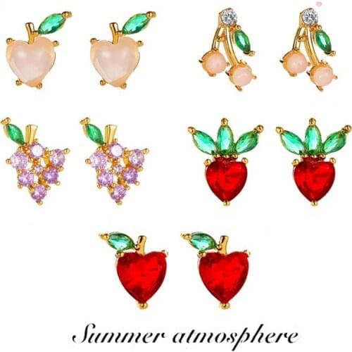 Cute Peach Strawberry Student Colorful Crystal Earrings For Women Freshing Cubic Zirconia Earrings Little Girl Jewelry Gift