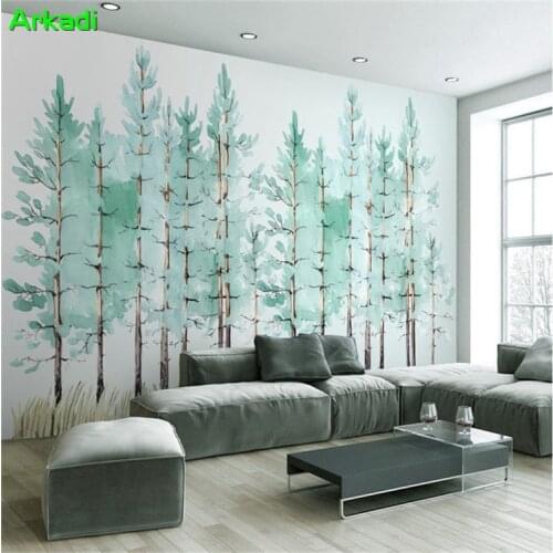 Modern minimalist bedroom living room wallpaper hand-painted green forest landscape TV background wall paper mural custom size