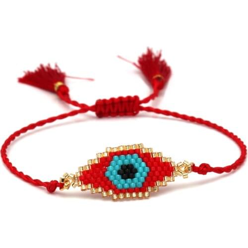 Boho MIYUKI Glass Seed Beads Blue Evil Eye Red Tassel Bracelet Women Girl Handcrafted Turkish Eye Blue String Adjustable Jewelry