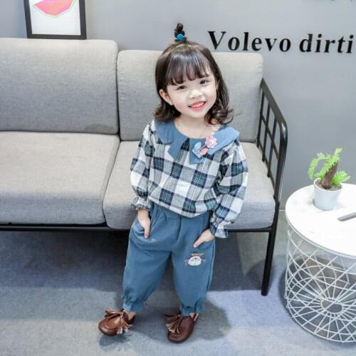 Girls spring and autumn plaid two-piece suit Girl long sleeve shirt pants two-piece Girl casual suit Girl cotton plaid shirt set