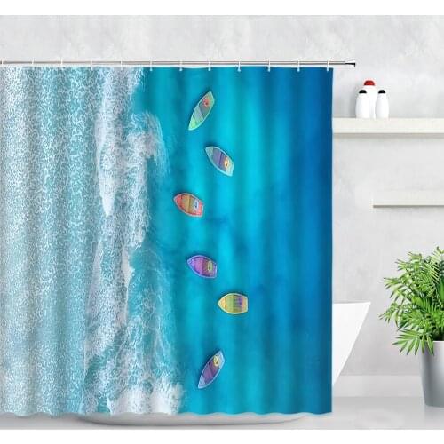 Blue Ocean Landscape Waterproof Shower Curtains Set Beach Sea Waves Color Boat Natural Scenery Wall Decor Bathroom Bath Curtain