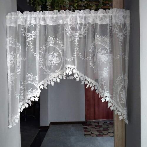 White Pom Pom Sheer Voile Curtains for Farmhouse Cafe Embroidered Floral Lace Hollow Knitted Small Window Valance Tier Drapes