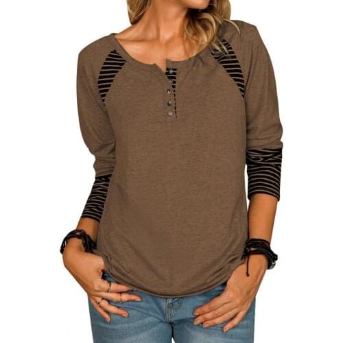 3XL Blouse Women Autumn Striped Print Stitching Women Blouse Long Sleeve Pullover Top O Neck Buttons Top Streetwear Plus Size