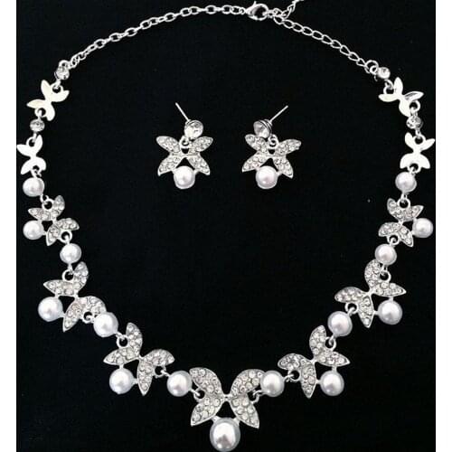 Women Faux Pearl Rhinestone Chain Necklace Stud Earrings Bridal Jewelry Set Luxury Wedding Party Jewelry Decor Accessory