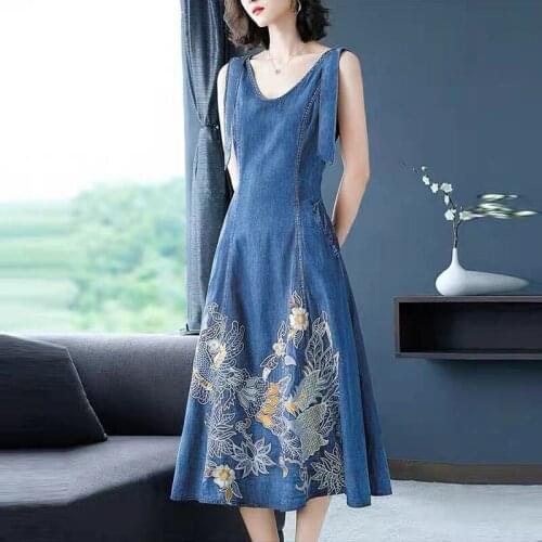 Women Elegant Embroidery Denim Dress Festa High Quality Vintage Party Robe NCZ Sleeveless Designer A-line Vestidos