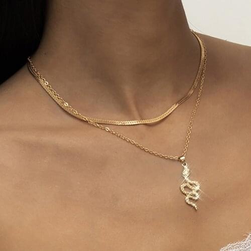 VKME Fashion Gold Snake Multilayer Chain Necklace For Women Crystal Pendant Thick Chain Choker Necklaces Trendy 2021 Jewelry