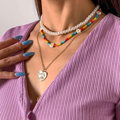 Fashion Bohemia Colorful Beaded Imitation Pearl Multilayer Chain Choker Necklaces For Women Party Jewelry Heart Pendant Necklace