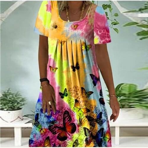 Womens 2021 Summer Autumn Short Sleeve Round Neck Pleated Printed All-Match Dress Women Fashion Casual Loose Dress