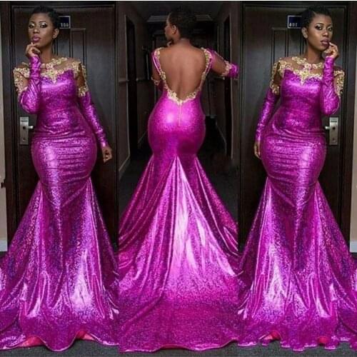 2020 African Sexy Long Sleeves Evening Gowns Sheer Neck Gold Appliques Mermaid Prom Dress Long Sequined Party Dress Vestidos