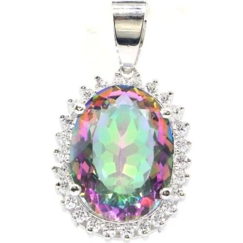 29x16mm Oval Silver Pendant for Women Created Violet Tanzanite Fire Rainbow Mystic Topaz Garnet CZ Dating Hot Selling Daily Wear