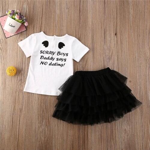 Free shipping Toddler Kids Baby Girls Clothes Button letter print pullover short sleeve T-shirts Tulle Tutu Skirts 2pc Outfits