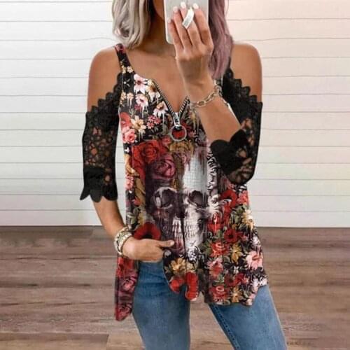 40# Zipper Lace Half Sleeve Blouse Women Skull Printed V Neck Blouses Shirts Cold Shoulder Strap Tops Casual Loose Рубашки