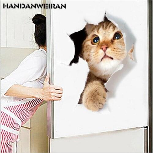 3D hole cat fridge decoration sticker cute animal cat toilet sticker home decal wall stickers for bathroom 2018 selling and hot