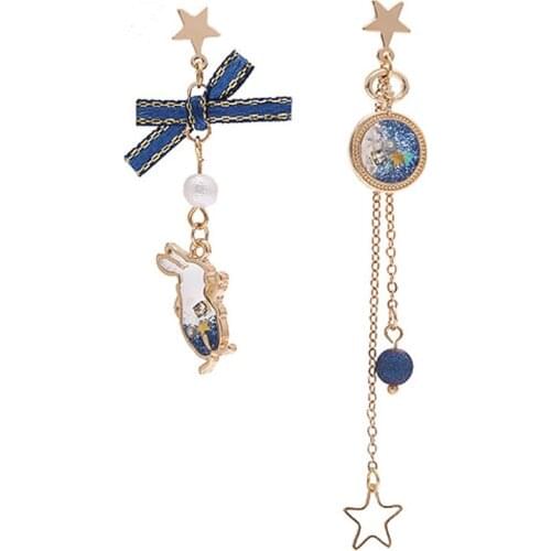 Elegant Blue Rabbit Bow Star Tassel Asymmetry Earrings S925 Needle Women Jewelry Accessories Trendy Japanese and Korean