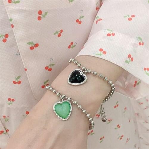 LOVOACC Korean Fashion Black Green Color Resin Heart Charm Bracelet for Women Beaded Love Pendant Bracelets Wedding Accessories