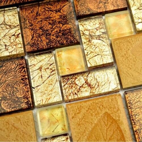 Brown golden glass mosaic tiles for wall tiles tv background kitchen backsplash tiles bathroom shower tiles square and strip