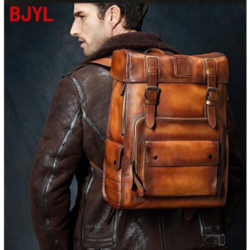 Leather Men Backpack Travel Backpacks Shoulder Bag Genuine Leather Backpacks Full Cowhide Luxury Brand Large Capacity Vintage