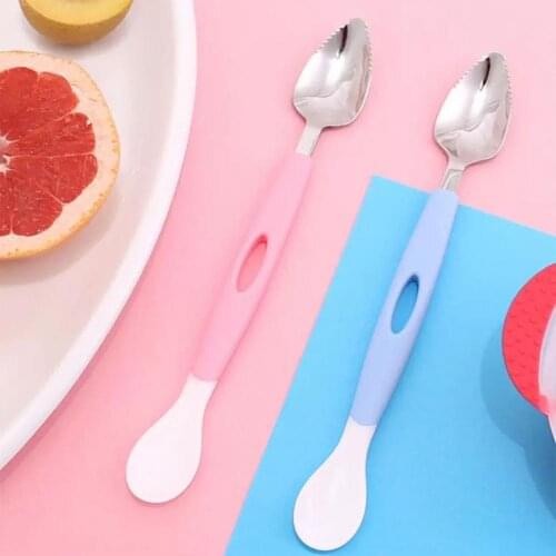 1 Set Eco-friendly Scraping Baby Spoon Double-headed Serrated Edge PP Handle Stainless Steel Fruit Feeding Spoon for Dessert
