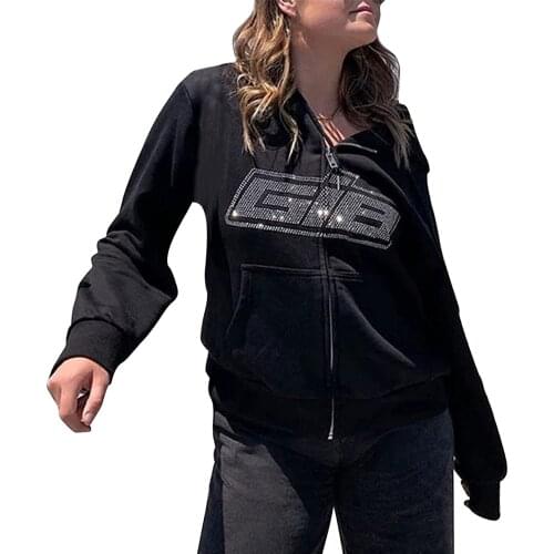 Fashion Rhinestone Letter Print Sweatshirt Women Hoodies Autumn 2021 Casual Zipper Long Sleeve Female Loose Hooded Sweatshirts