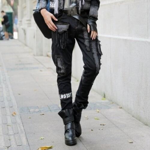 Motocycle Biker Women Punk Harem Pants Vintage Retro Slim Fit Multi Pockets Hole Ripped Washed Female Long Pants Tassel Black