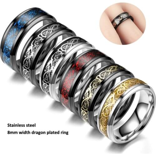 8MM Mens Ring Jewelry Red Blue Black Dragon Inlay Comfort Fit Stainless Steel Rings for Men Wedding Ring for Couple Gift