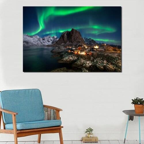 Norway Island Sea Snow Mountains Aurora Landscape Wall Art Canvas Posters Prints Painting Wall Pictures Living Room Home Decor