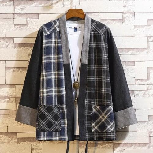 Men Check Japanese Kimono Jacket Patch Splice Loose Casual Coats Cardigan