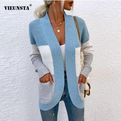 Casual Loose Long Sleeve Warm Cardigan Coat 2021 Winter Stitching Curved Big Pocket Sweater Autumn Fashion V-neck Women Sweaters