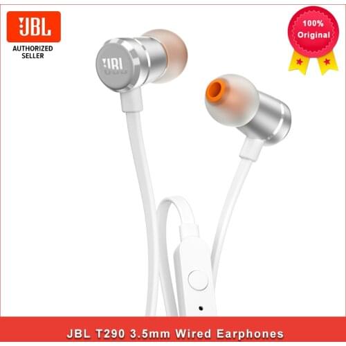 JBL T290 3.5mm Wired Earphones TUNE 290 Stereo Music Sports Pure Bass Headset 1-Button Remote Hands-free Call with Mic