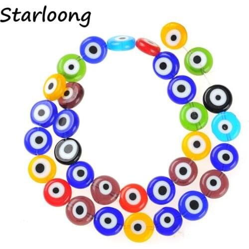 Color Mixed Round Flat Evil Eye Beads 15" inch Loose Strand Lampwork Glazed Glass Beads for Bracelet Necklace DIY Jewelry Making