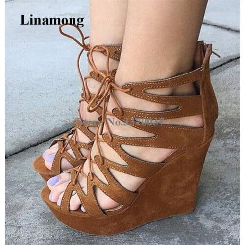 Women New Fashion Open Toe Suede Leather High Platform Wedge Sandals Lace-up Fashion Brand Height Increased Wedge Sandals