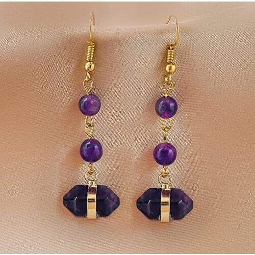Cute Natural Stone Drop Dangle Earriings for Women Girls Handamde Amethyst Stainless Steel Statement Earring Wedding Wholesale