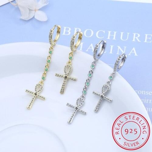 Real 925 Sterling Silver Asymmetry Long Cross Drop Dangle Hook Earring For Women Girls Jewelry Gift Pendientes Aros Oorbellen