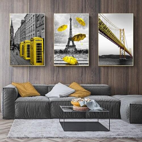 Nordic Modern Wall Art Canvas Paintings Grey and Yellow Cityscape Posters and Prints For Living Room Decor