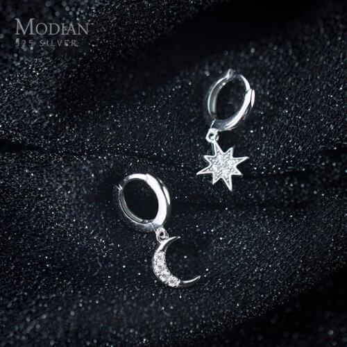 Modian Unique Design Six Star & Moon Clear CZ Classic Hoop Earrings Fashion Charm For Women 925 Sterling Silver Romantic Jewelry