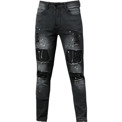 Mid Waist Men Jeans Fashion Pants Black Trousers Plus Size Ripped Skinny Boy Patch Work Stretch Denim Mens Pencil Jeans