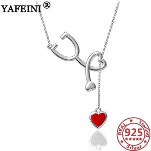 YAFEINI 925 Sterling Silver Heart Stethoscope Pendant Necklaces Lariat Necklaces Silver Chain Women 925 Nurses Day Gifts Jewelry