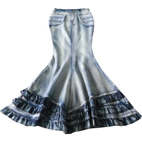 Retro Women Jeans Skirt Curve Beauty Cake Big Swing High Waisted Fishtail Skirts Slim Package Hip Mermaid Denim Long Skirts