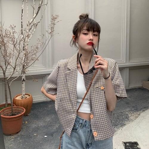 Vintage Khaki Plaid Blazer Women New Korean Loose Short Sleeved Jacket Summer Single Breasted Cropped Coats Female