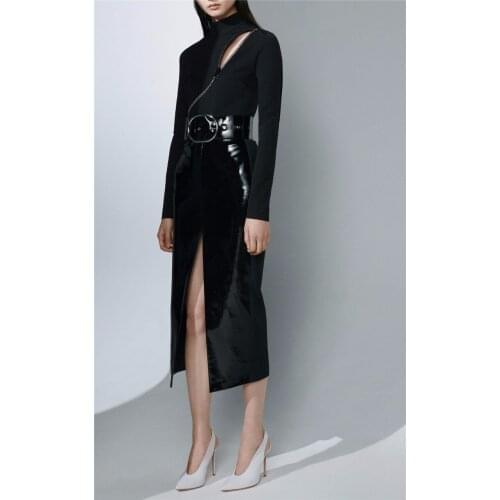 High Quality 2 Pieces Long Sleeve Rayon Bodysuit + Leather Skirts Sexy Celebrity Bandage Women Sets