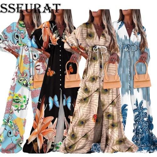 SSEURAT 2021 Autumn Deep V Print Button Bat Sleeve Loose Mopping Dress Casual Holiday Wind Dresses Vestidos