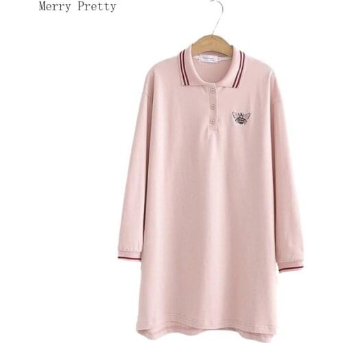 Women Cartoon Embroidery Mini Straight Dress Long Sleeve Turndown Collar Cotton Dress Female Student Casual Shirt Dress